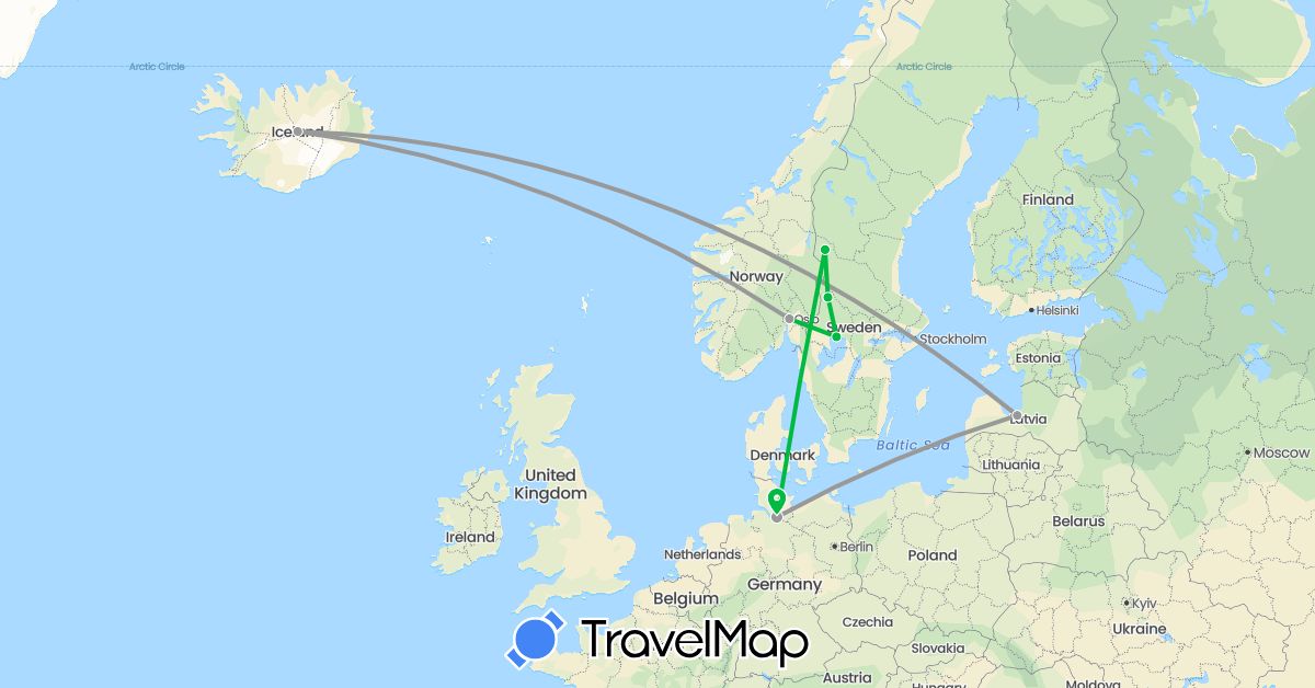 TravelMap itinerary: bus, plane in Germany, Iceland, Latvia, Norway, Sweden (Europe)